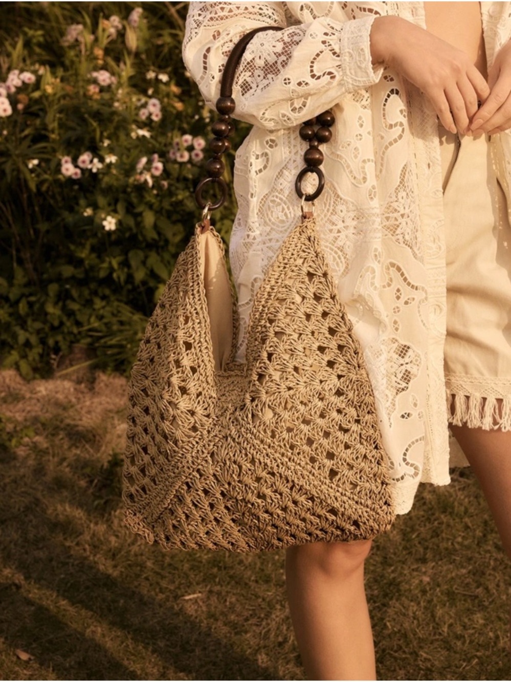 Woven Women’s Straw Hobo Bag with Wooden Bead Handles Large Beach Shoulder Bag